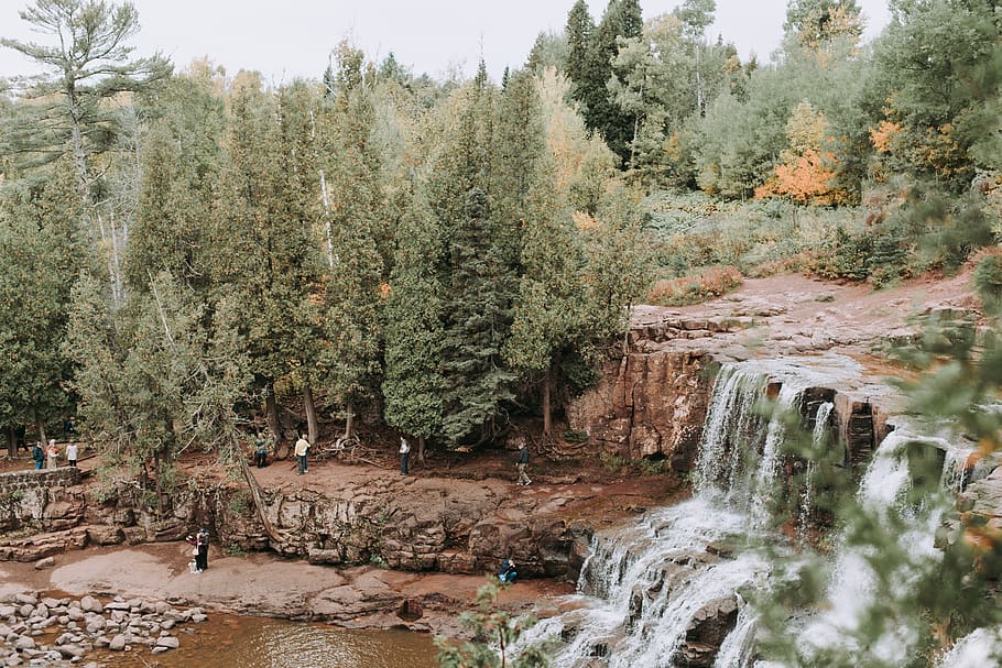 green leafed trees and waterfall during daytime, person, hike HD wallpaper