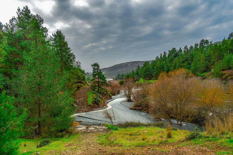 landscape, trees, mountains, nature, forest, river, sky, clouds HD wallpaper