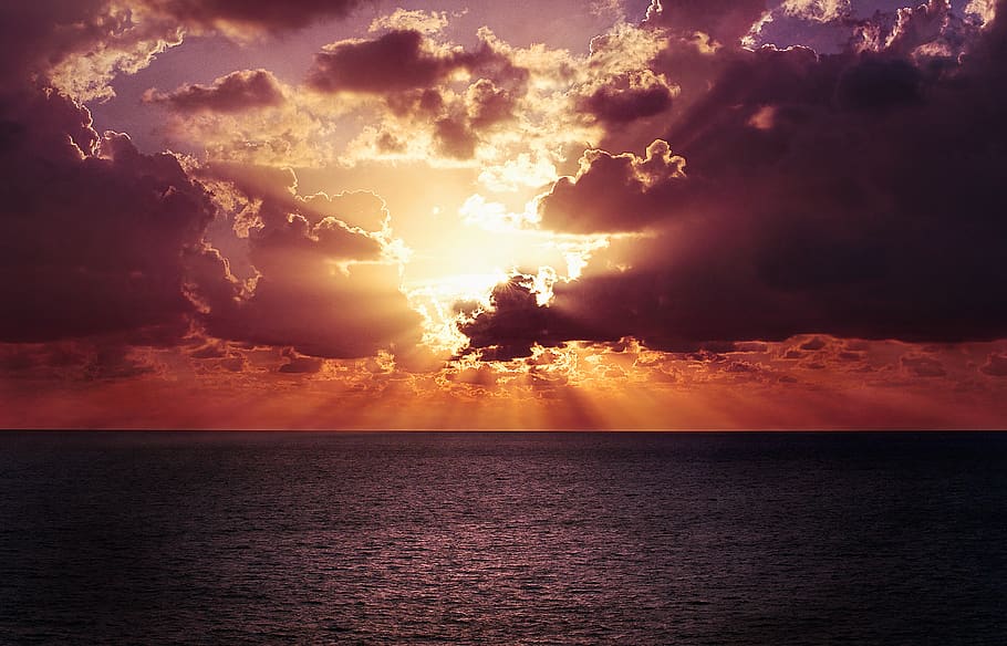 horizon, sky, sunset, ocean, water, sea, beach, orange, sunrise HD wallpaper