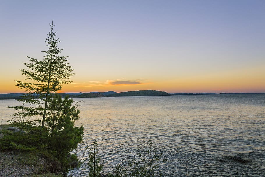 trees, lake, sunset, mountains, hiking, hdr, landscape, clouds HD wallpaper
