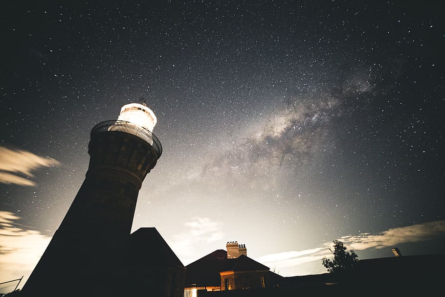 lighthouse, dark, night, sky, stars, galaxy, clouds, lights HD wallpaper