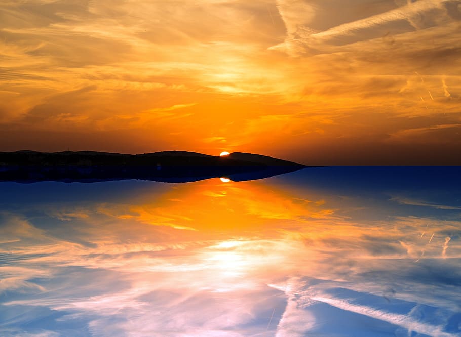 evening, reflection, sunset, sky, sea, clouds, twilight, summer HD wallpaper