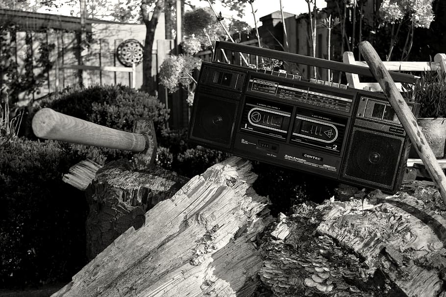 Grayscale Photography of Radio on Tree Trunk With Axe, black-and-white