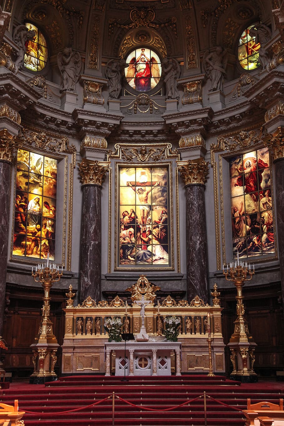 Empty Cathedral Hall, altar, architecture, art, catholic, christianity HD wallpaper