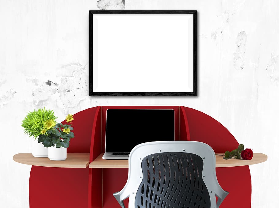 poster, frame, desk, plants, chair, flower, laptop, technology HD wallpaper