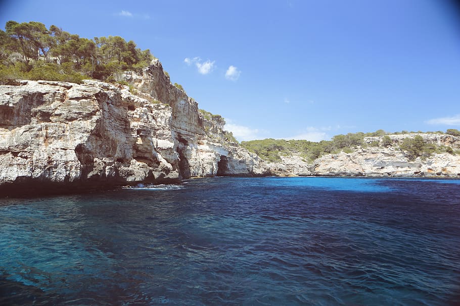 sea, water, rocks, cliffs, trees, coast, sky, beauty in nature HD wallpaper
