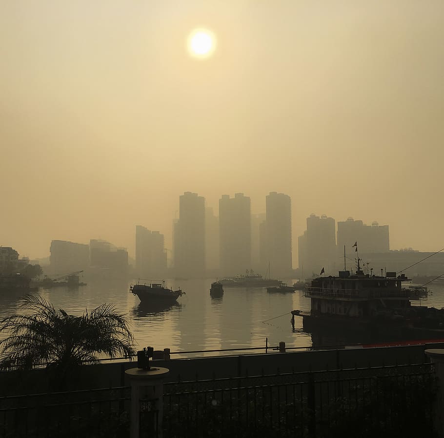 china, shenzhen, bay, ships, fog, foggy, buildings, appartment buildings, HD wallpaper