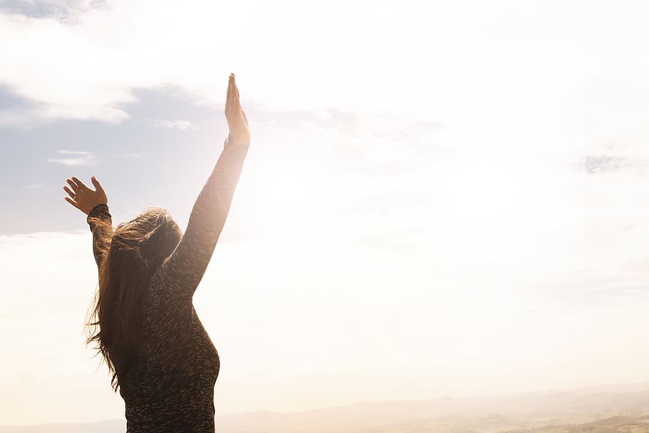 Photo of Woman Raising Both Hands, bright, care, clouds, female HD wallpaper