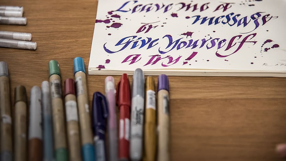 assorted color pens on table, indoors, text, no people, close-up HD wallpaper