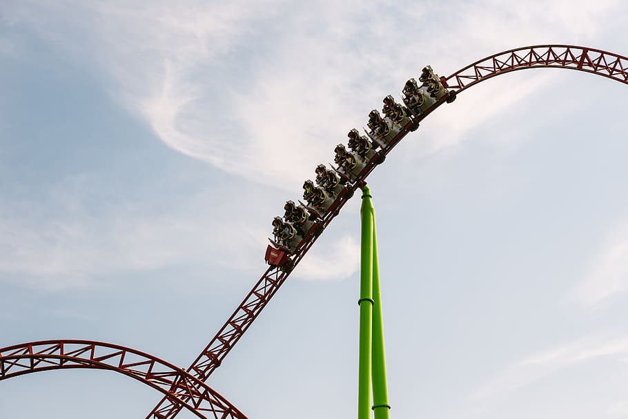 Red Roller Coaster, daytime, funfair, height, high, iron, low angle shot HD wallpaper