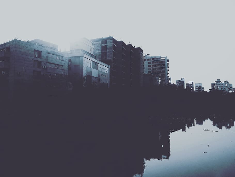 dhaka, bangladesh, shadow, reflection, sky, lake, city, architecture, HD wallpaper