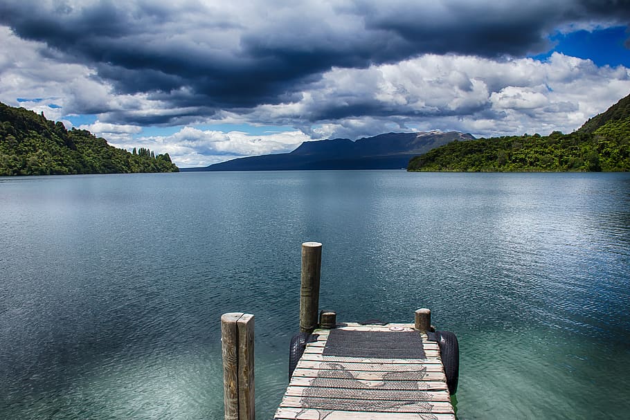 Brown Wooden Dock on Body of Water, beach, clouds, dawn, daylight HD wallpaper