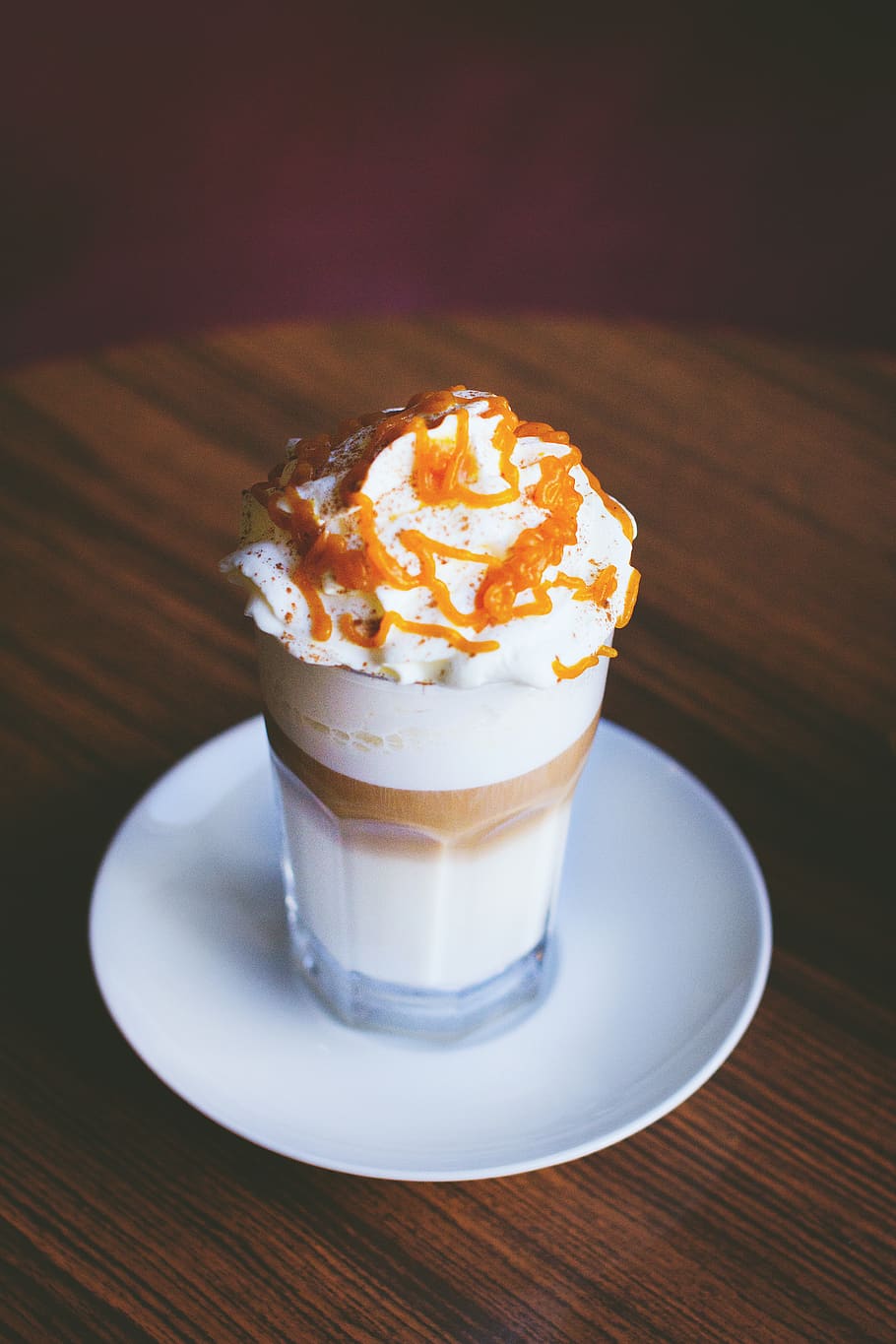 White and Brown Caramel Frappe on Clear Drinking Glass, coffee