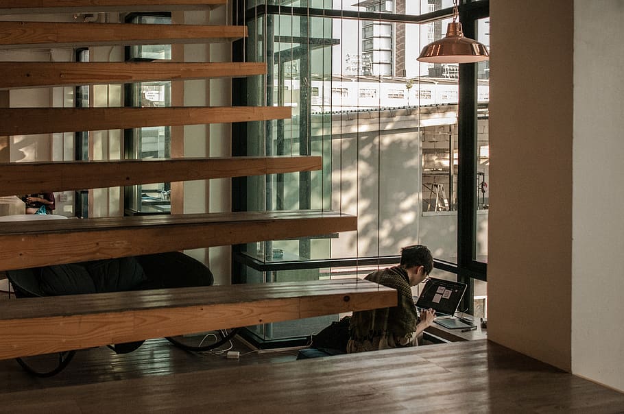man using computer, indoors, people, men, glass - material, wood HD wallpaper