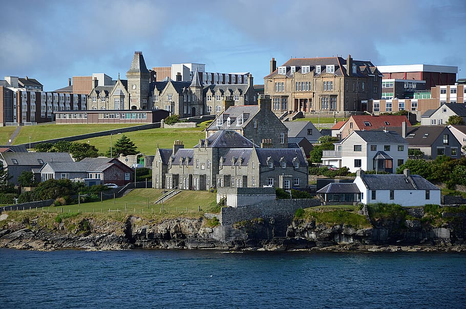 landscape, city, coast, lerwick, city view, island, sea, shetland islands, HD wallpaper