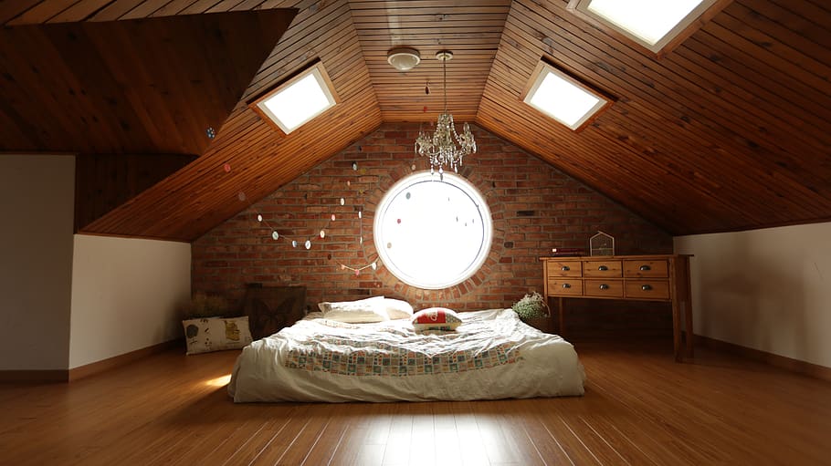 White Throw Pillow on Bed, architecture, bedroom, ceiling, floor HD wallpaper