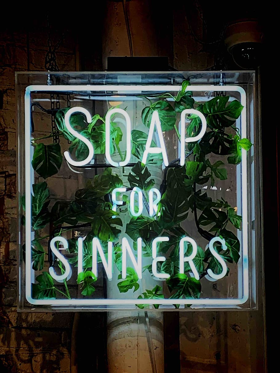 white Soap for Sinners neon signage with green vines, shop, text, HD wallpaper