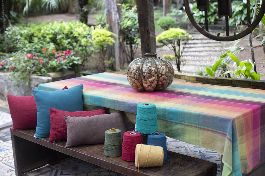 Thread Spool on Picnic Table Beside Throw Pillow, bench, colors HD wallpaper