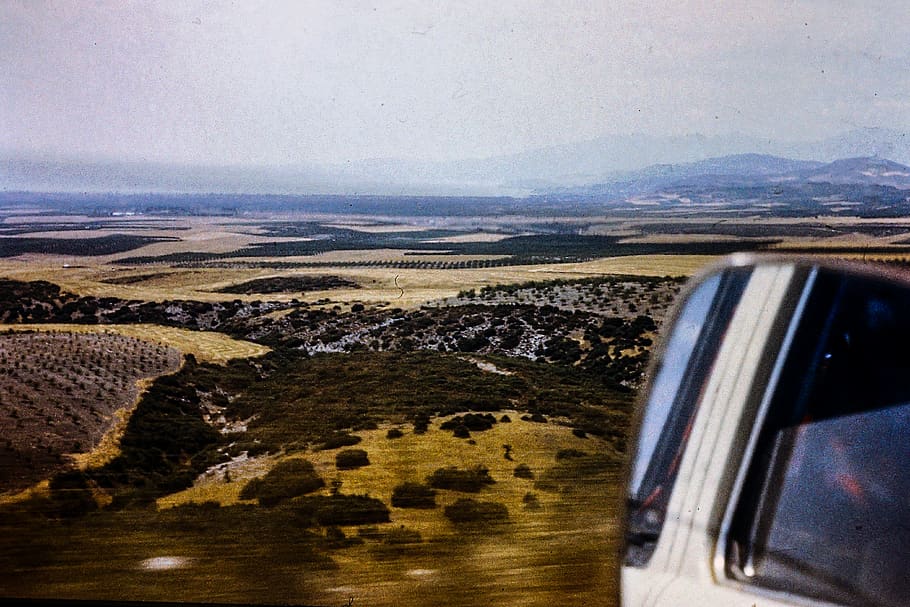 field, mirror, car, bully, vw, landscape, sky, old, retro, 1980s HD wallpaper