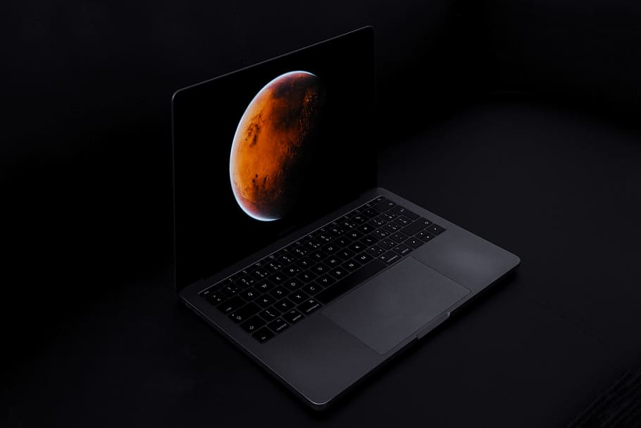 gray laptop computer, screen, planet, light, glow, dark, black background, HD wallpaper