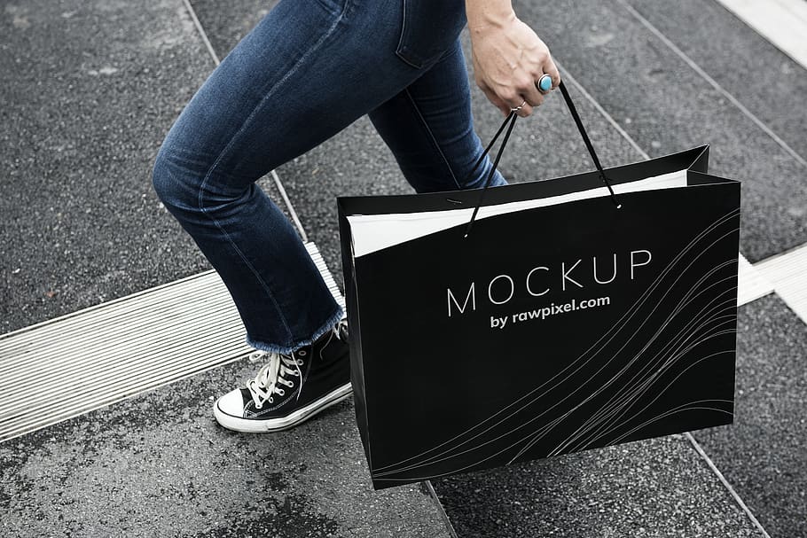 Person Holding Mockup Paper Bag, black, brand, carrying, casual
