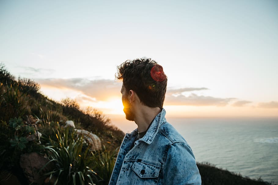 man in blue denim jacket, horizon, ocean, cape town, boy, minimal HD wallpaper