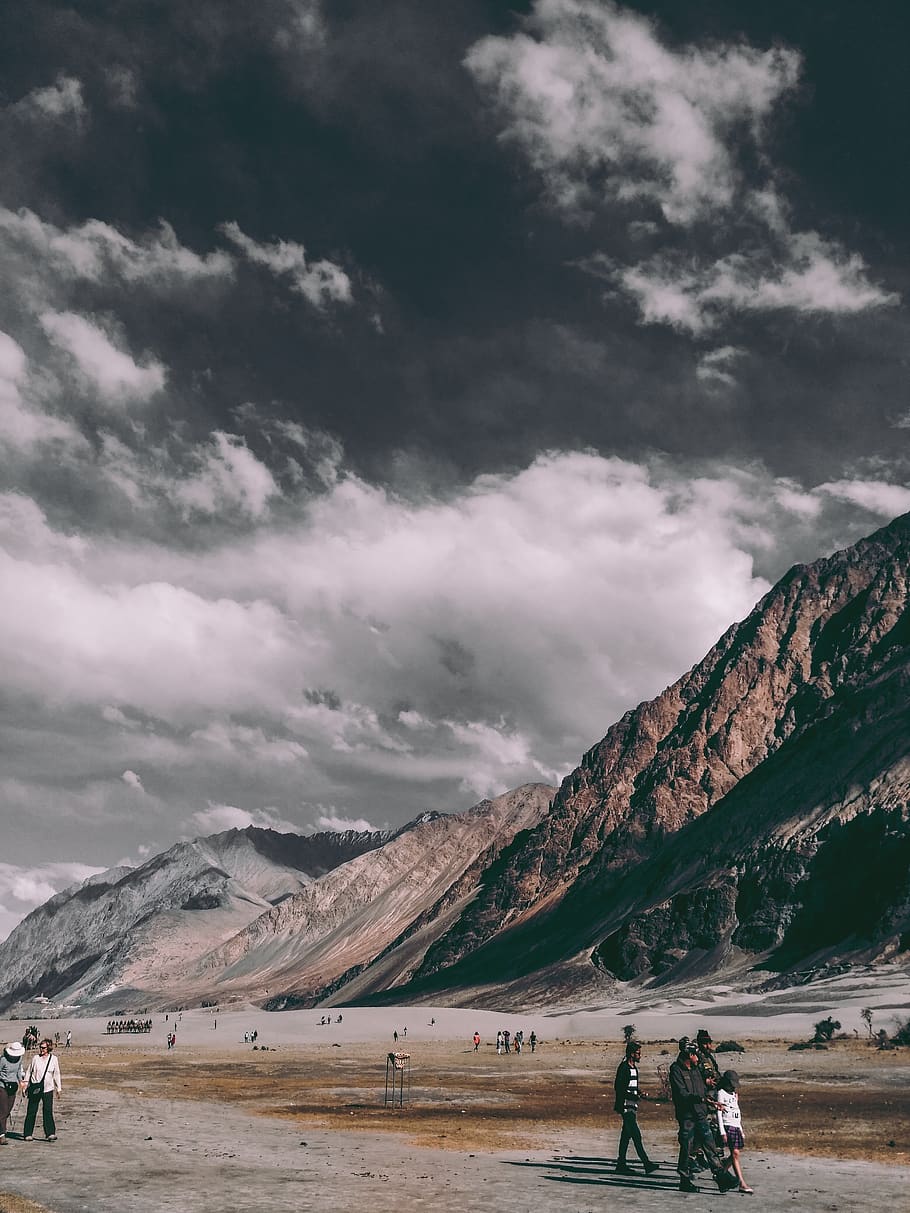 People Near Rocky Mountains, adventure, clouds, daylight, nature HD wallpaper