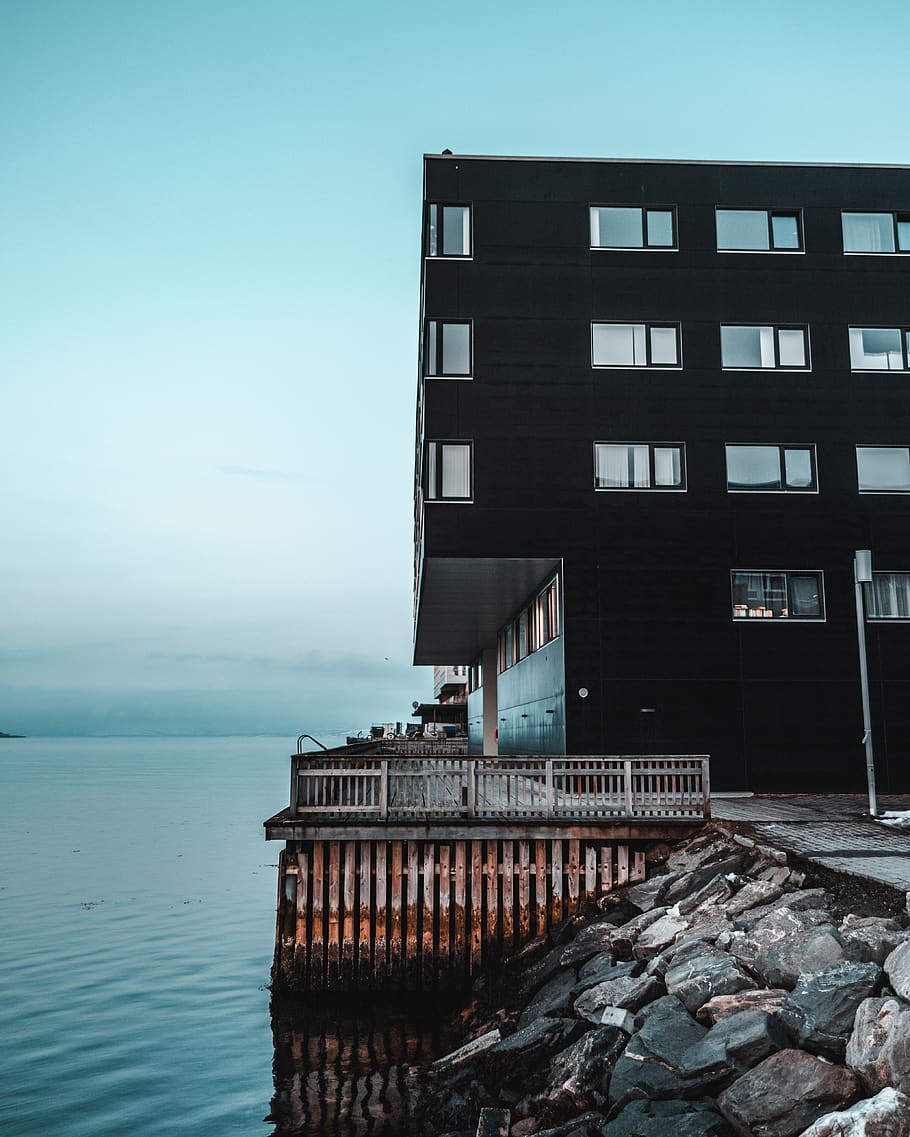 Black Concrete Building, architecture, ocean, sea, built structure HD wallpaper