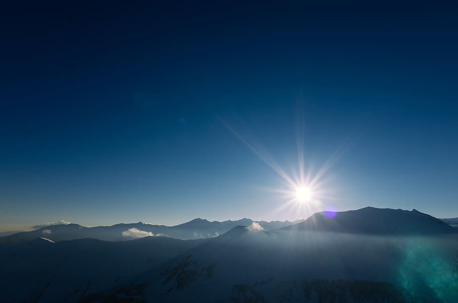 mountains, sun, sky, peak, summit, blue, sunlight, sunrise HD wallpaper