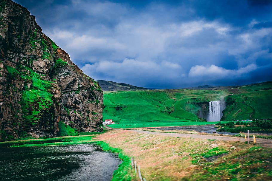 Body Of Water Near Grass Field , beautiful, cascade, clouds, daylight HD wallpaper