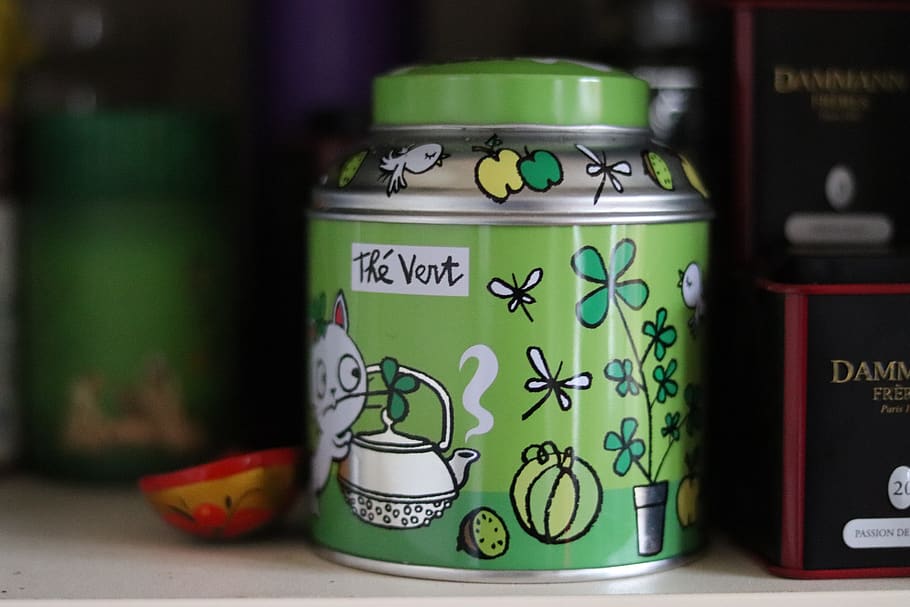 green tea, box, mint, container, text, no people, focus on foreground HD wallpaper