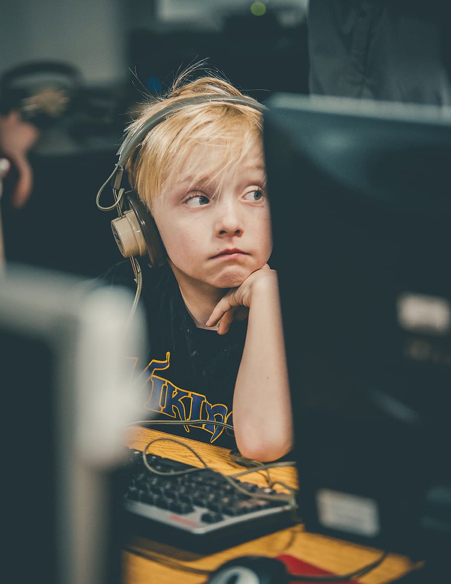Photo of Boy Wearing Headphone, blonde, blur, child, computer, HD wallpaper