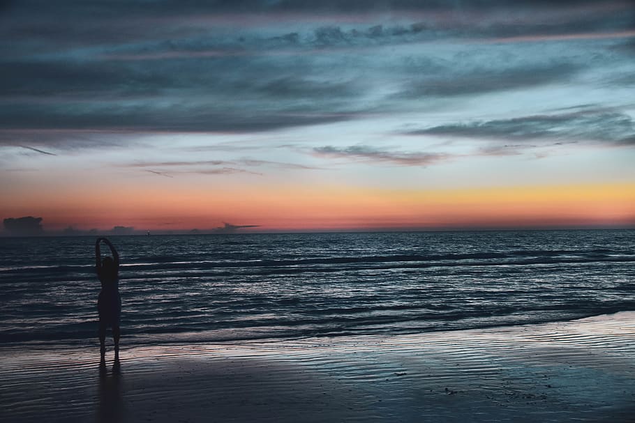 Silhouette of Person on Seashore during Golden Hour, beach, dawn HD wallpaper