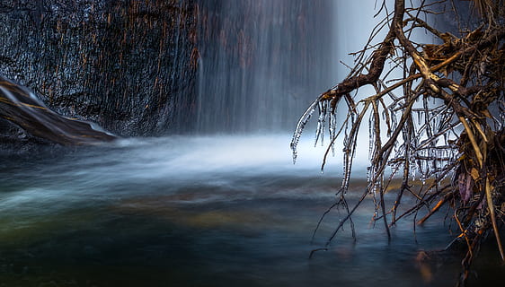 Scenic View of Waterfall during Winter, cascade, close-up, cold HD wallpaper