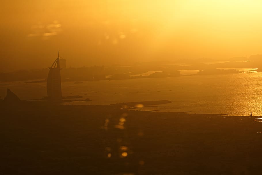 light, flare, sunlight, nature, dubai, burj al arab, sunset HD wallpaper
