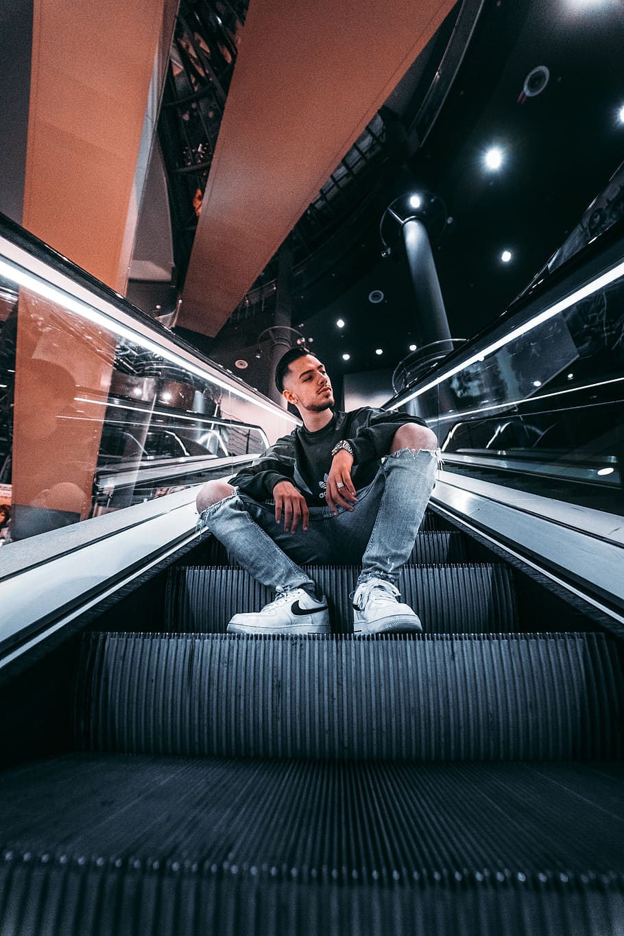 man sitting on escalator, one person, transportation, full length HD wallpaper