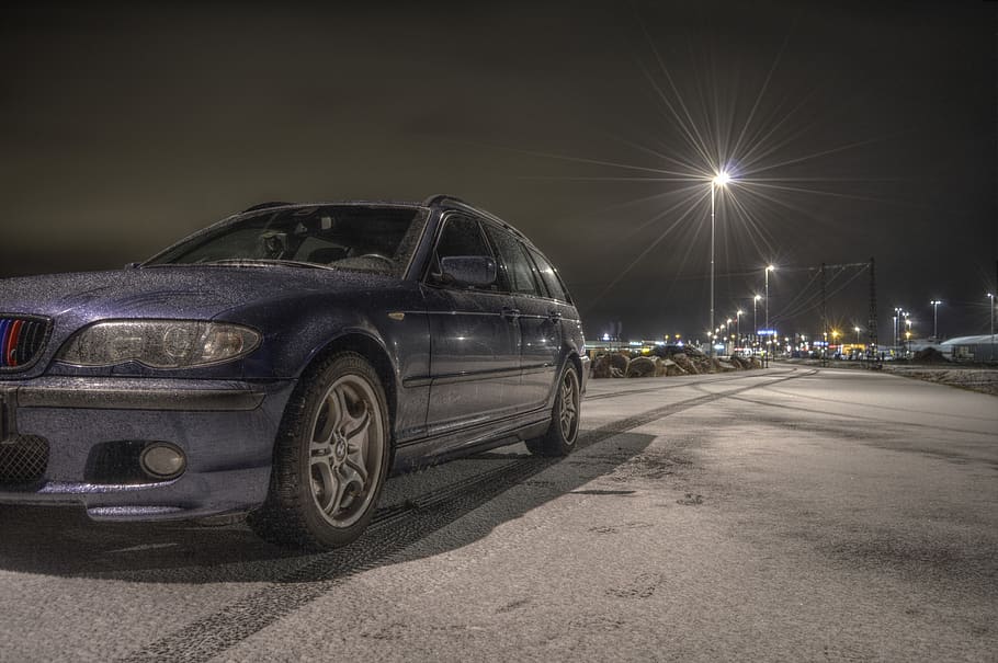 sweden, e46, snow, winter, light, night, bmw, blue, city, dark HD wallpaper
