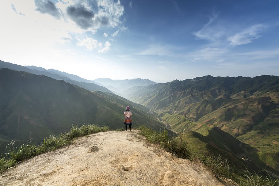 Person Standing on Top of Mountain, adventure, alps, altitude HD wallpaper