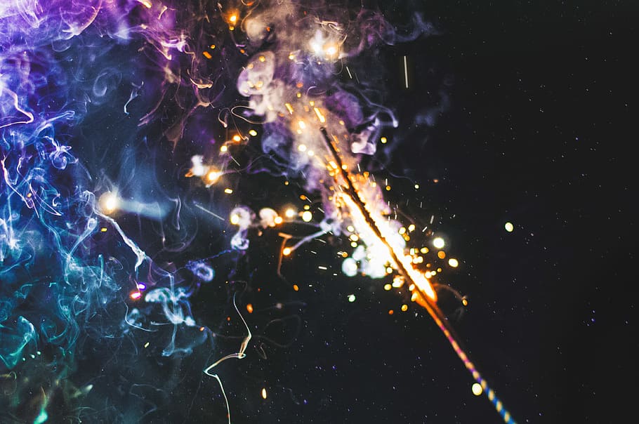 fired sparkler, firework, night, light, flame, lighter, smoke HD wallpaper