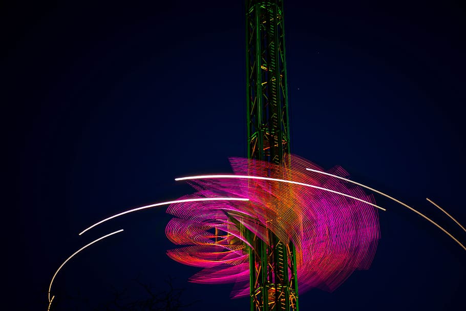 lighted carnival ride, movement, night, motion, long exposure HD wallpaper