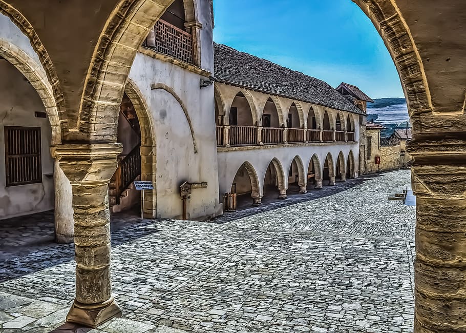 monastery, arcade, stoa, architecture, church, stone, columns HD wallpaper