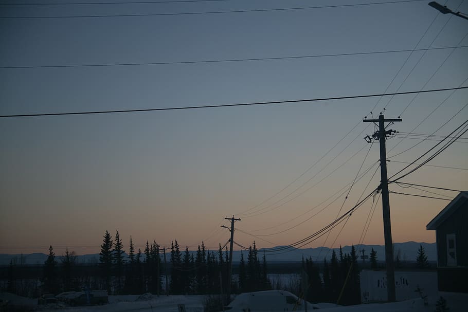 canada, fort simpson, sky, sunset, mountain, power lines, cable HD wallpaper