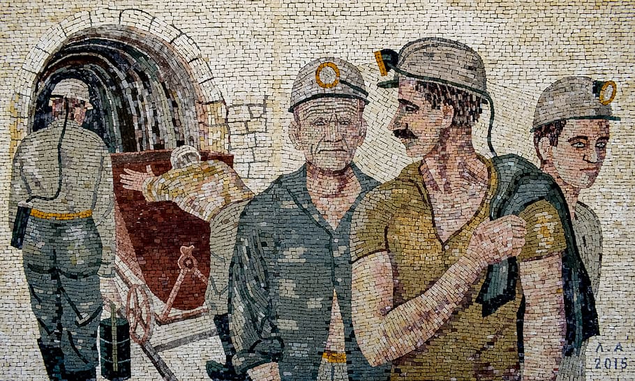 miners, workers, men, wall, mosaic, art, working, agrokipia, HD wallpaper