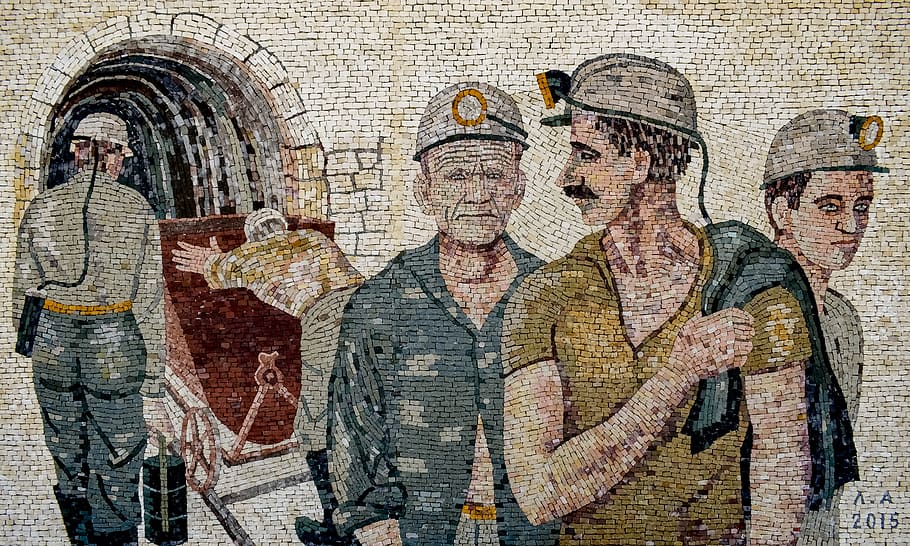 miners, workers, men, wall, mosaic, art, working, agrokipia HD wallpaper