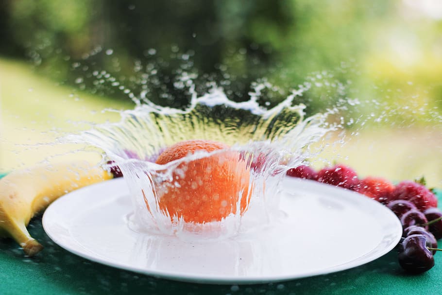 fruit, orange, splash, water, wet, motion, food and drink, close-up HD wallpaper