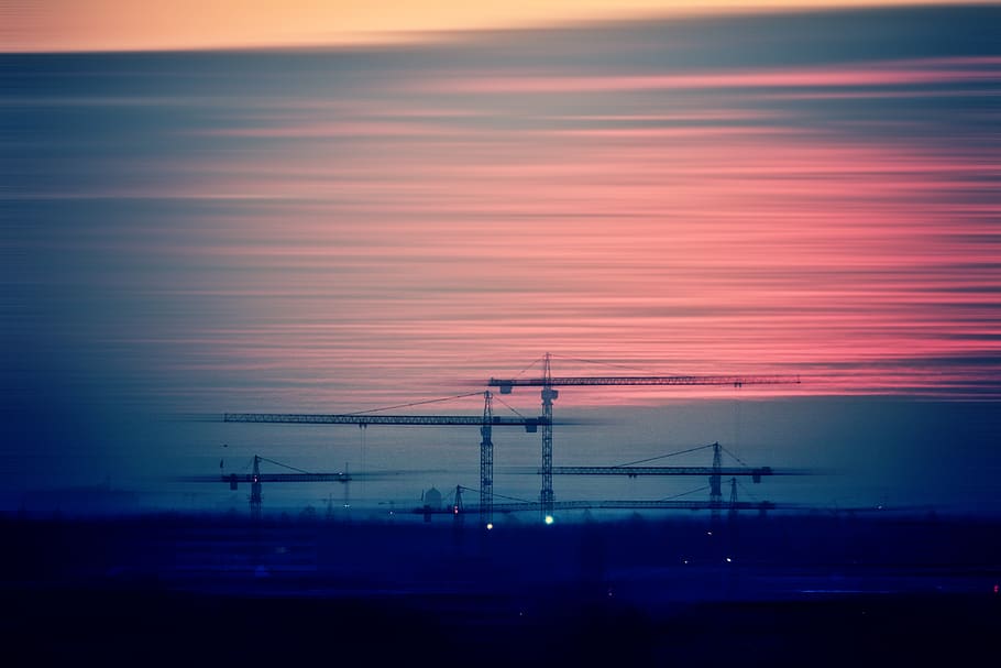 cranes, horizon, site, sky, sunset, landscape, evening, city HD wallpaper