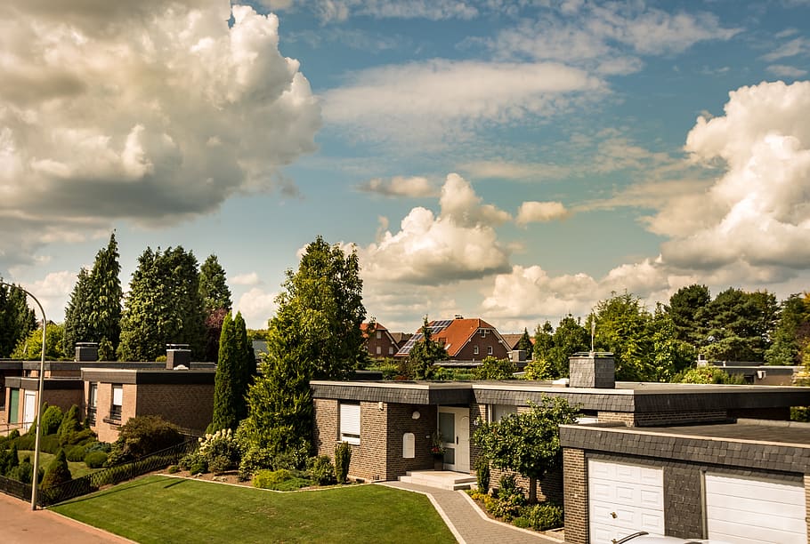 clouds, residential development, road, village, traffic-calmed HD wallpaper