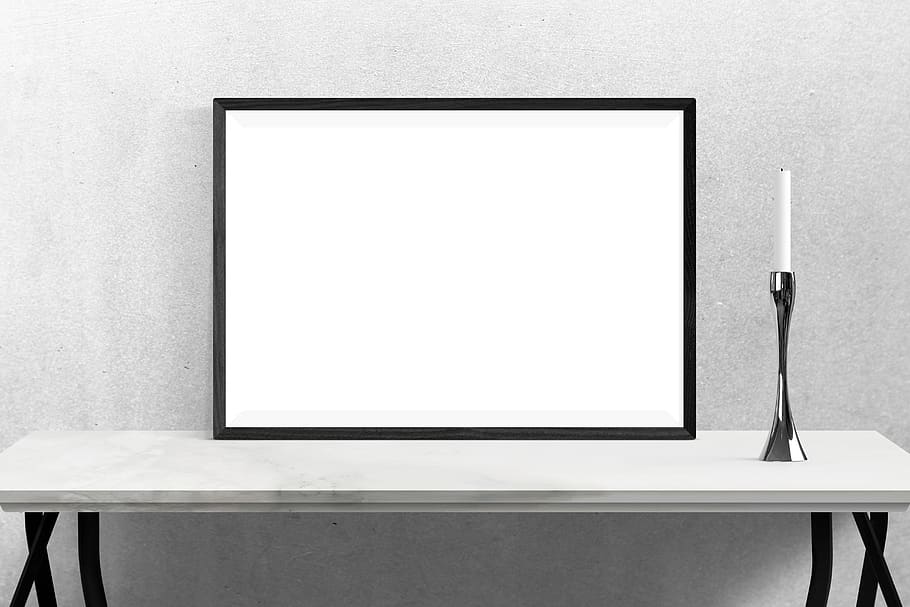wall, poster, frame, plants, desk, candle, technology, copy space HD wallpaper