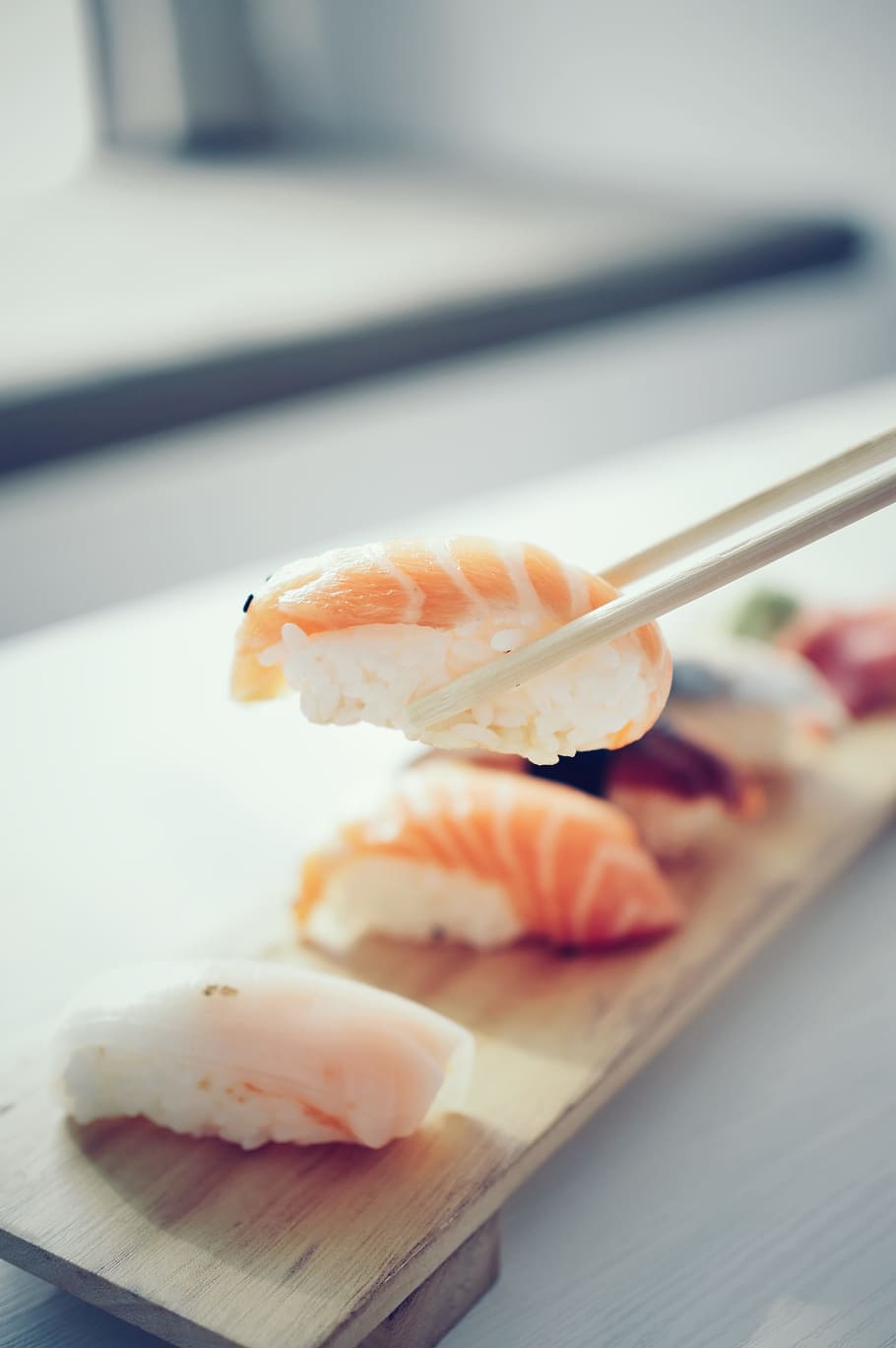 Fish Sushi, asian food, chopsticks, delicious, meal, rice, salmon, HD wallpaper