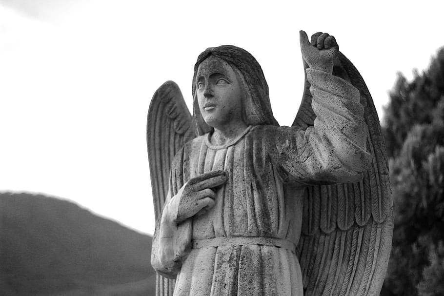 mexico, ejutla, god, sky, trees, angel, black and white, bw HD wallpaper